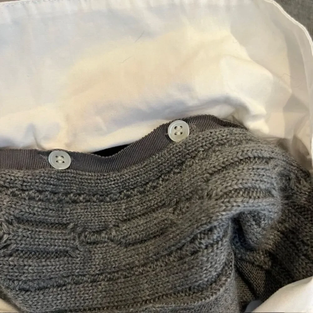 Tory Burch Wool V-Neck Charcoal Sweater With Removable White Ruffle Dickey Small
